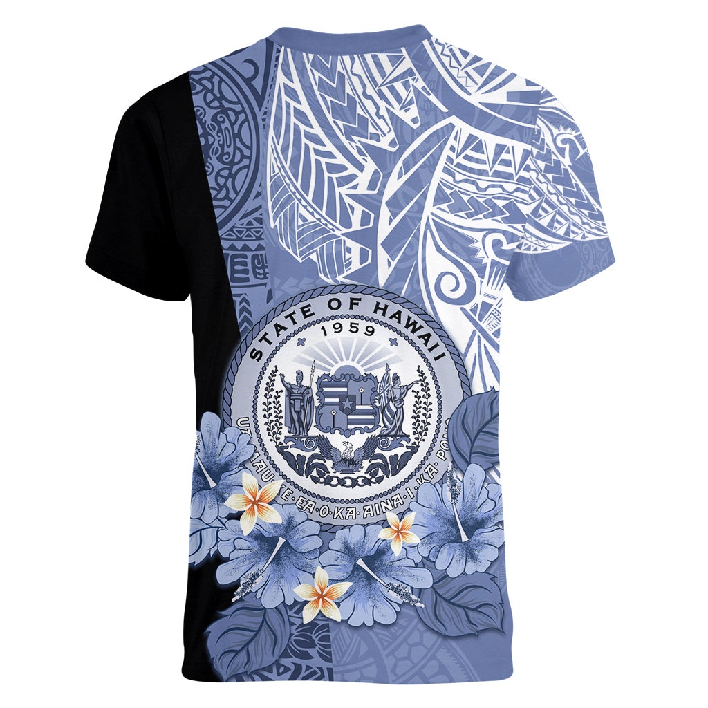 Aloha Vintage Hawaii Tribal Women V Neck T Shirt Blue Style LT9 - Polynesian Pride