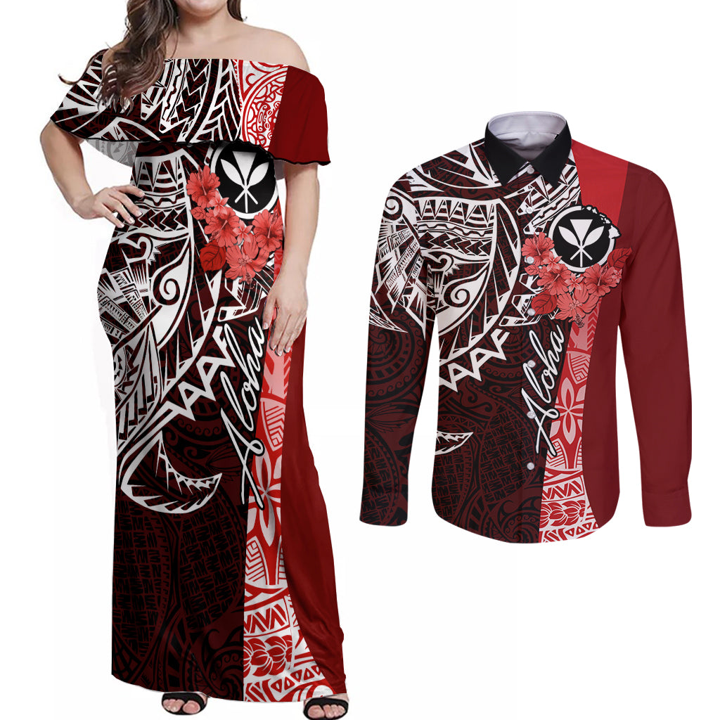 Aloha Vintage Hawaii Tribal Couples Matching Off Shoulder Maxi Dress and Long Sleeve Button Shirt Red Style LT9 Red - Polynesian Pride