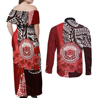 Aloha Vintage Hawaii Tribal Couples Matching Off Shoulder Maxi Dress and Long Sleeve Button Shirt Red Style LT9 - Polynesian Pride