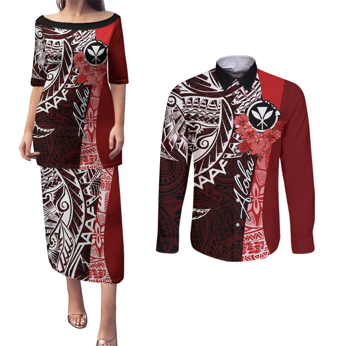 Aloha Vintage Hawaii Tribal Couples Matching Puletasi Dress and Long Sleeve Button Shirt Red Style LT9 Red - Polynesian Pride