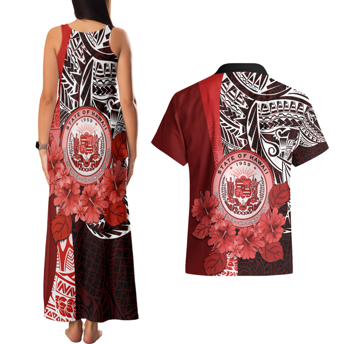 Aloha Vintage Hawaii Tribal Couples Matching Tank Maxi Dress and Hawaiian Shirt Red Style LT9 - Polynesian Pride