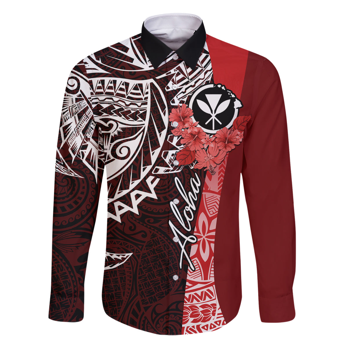 Aloha Vintage Hawaii Tribal Family Matching Mermaid Dress and Hawaiian Shirt Red Style LT9 Dad's Shirt - Long Sleeve Red - Polynesian Pride