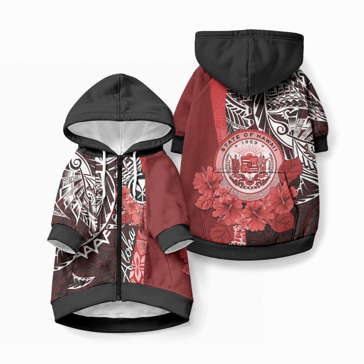 Aloha Vintage Hawaii Tribal Pet Hoodie Red Style LT9 Zip-up Red - Polynesian Pride