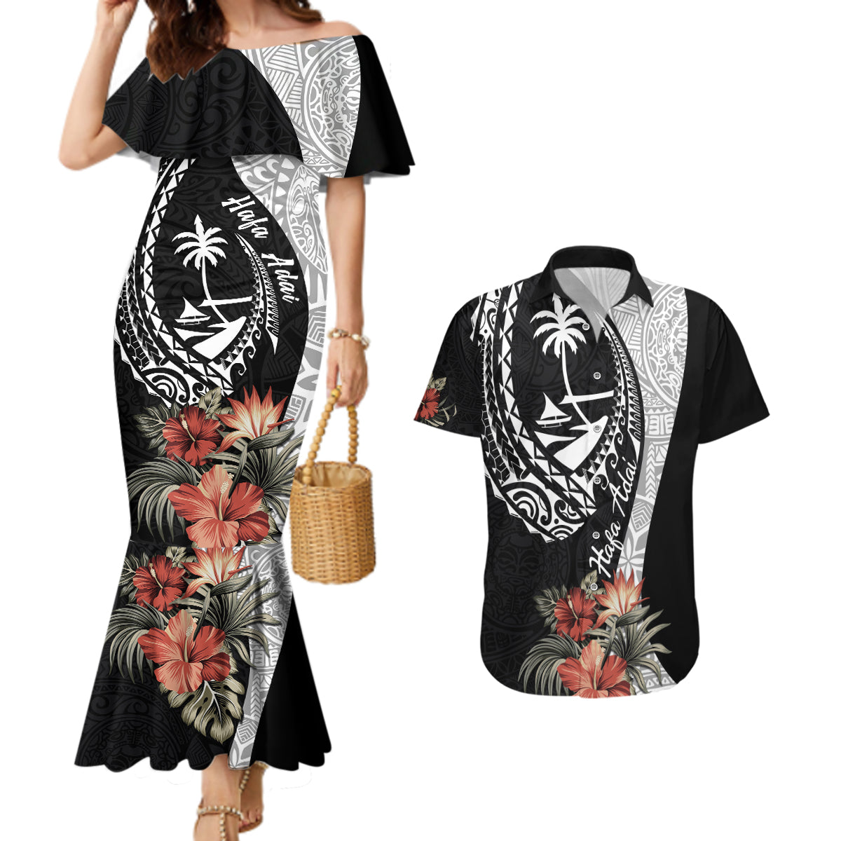 Hafa Adai Guam Couples Matching Mermaid Dress and Hawaiian Shirt Tropical Flowers with Polynesian Pattern LT9 Black - Polynesian Pride