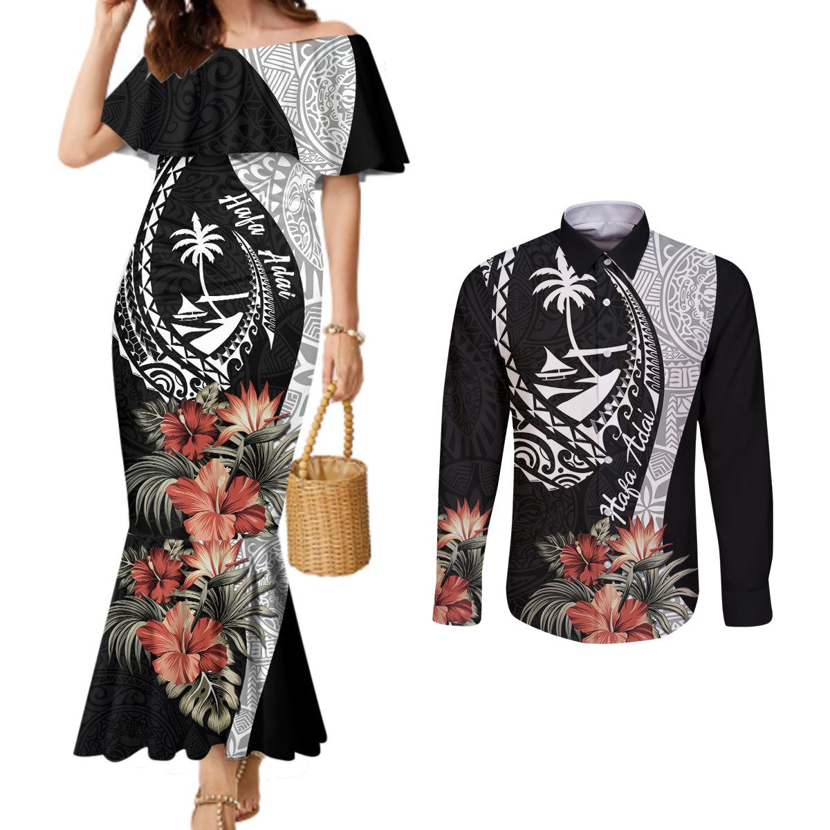 Hafa Adai Guam Couples Matching Mermaid Dress and Long Sleeve Button Shirt Tropical Flowers with Polynesian Pattern LT9 Black - Polynesian Pride