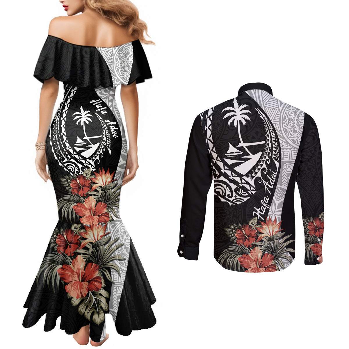 Hafa Adai Guam Couples Matching Mermaid Dress and Long Sleeve Button Shirt Tropical Flowers with Polynesian Pattern LT9 - Polynesian Pride