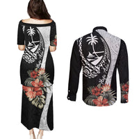 Hafa Adai Guam Couples Matching Puletasi Dress and Long Sleeve Button Shirt Tropical Flowers with Polynesian Pattern LT9 - Polynesian Pride