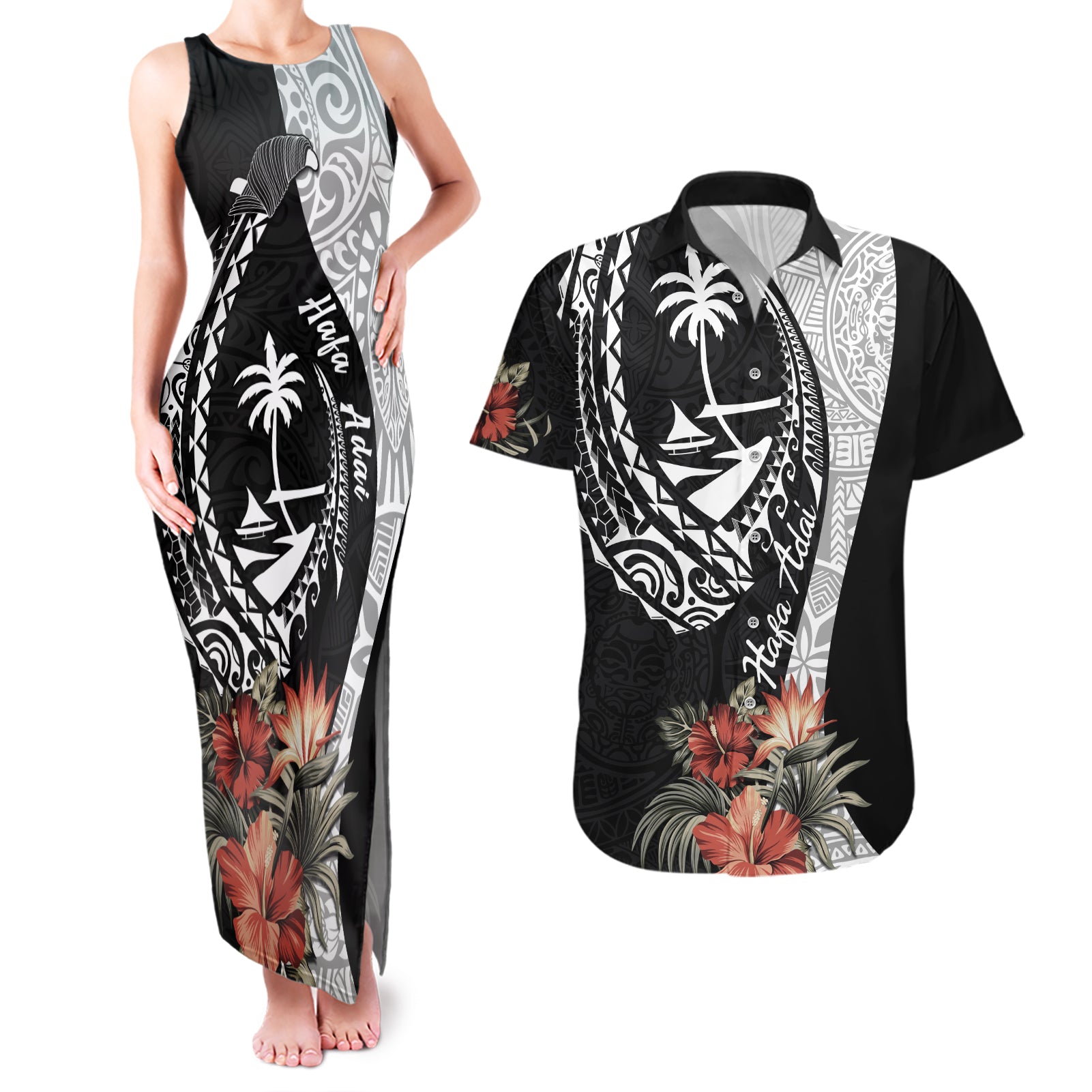 Hafa Adai Guam Couples Matching Tank Maxi Dress and Hawaiian Shirt Tropical Flowers with Polynesian Pattern LT9 Black - Polynesian Pride