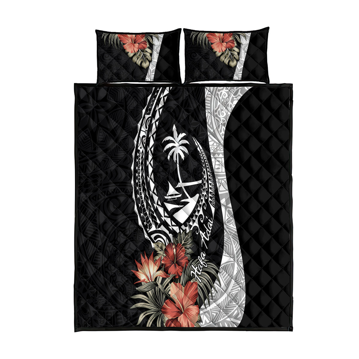 Hafa Adai Guam Quilt Bed Set Tropical Flowers with Polynesian Pattern LT9 Black - Polynesian Pride