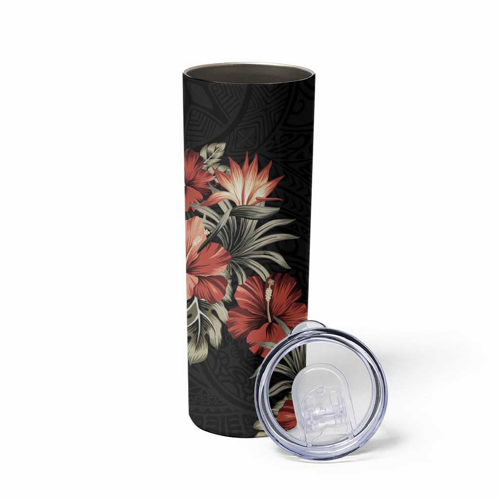 Guam Hafa Adai Skinny Tumbler Tropical Flowers with Polynesian Pattern