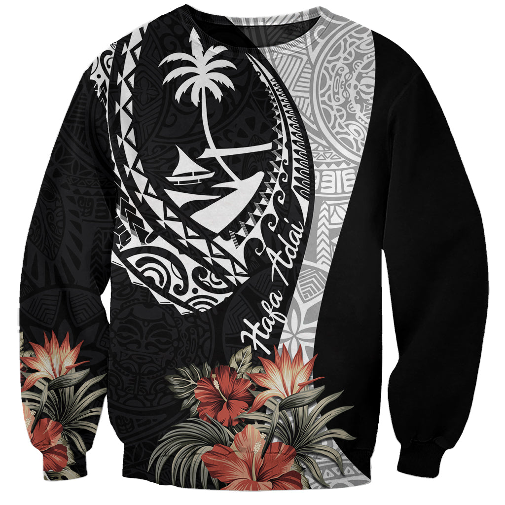 Hafa Adai Guam Sweatshirt Tropical Flowers with Polynesian Pattern LT9 Unisex Black - Polynesian Pride