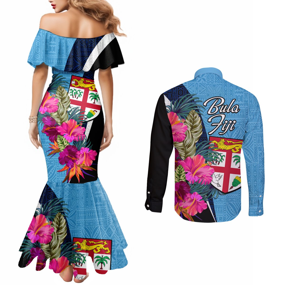 Bula Fiji Vintage Fijian Masi Pattern Couples Matching Mermaid Dress and Long Sleeve Button Shirt Blue Unique LT9 - Polynesian Pride