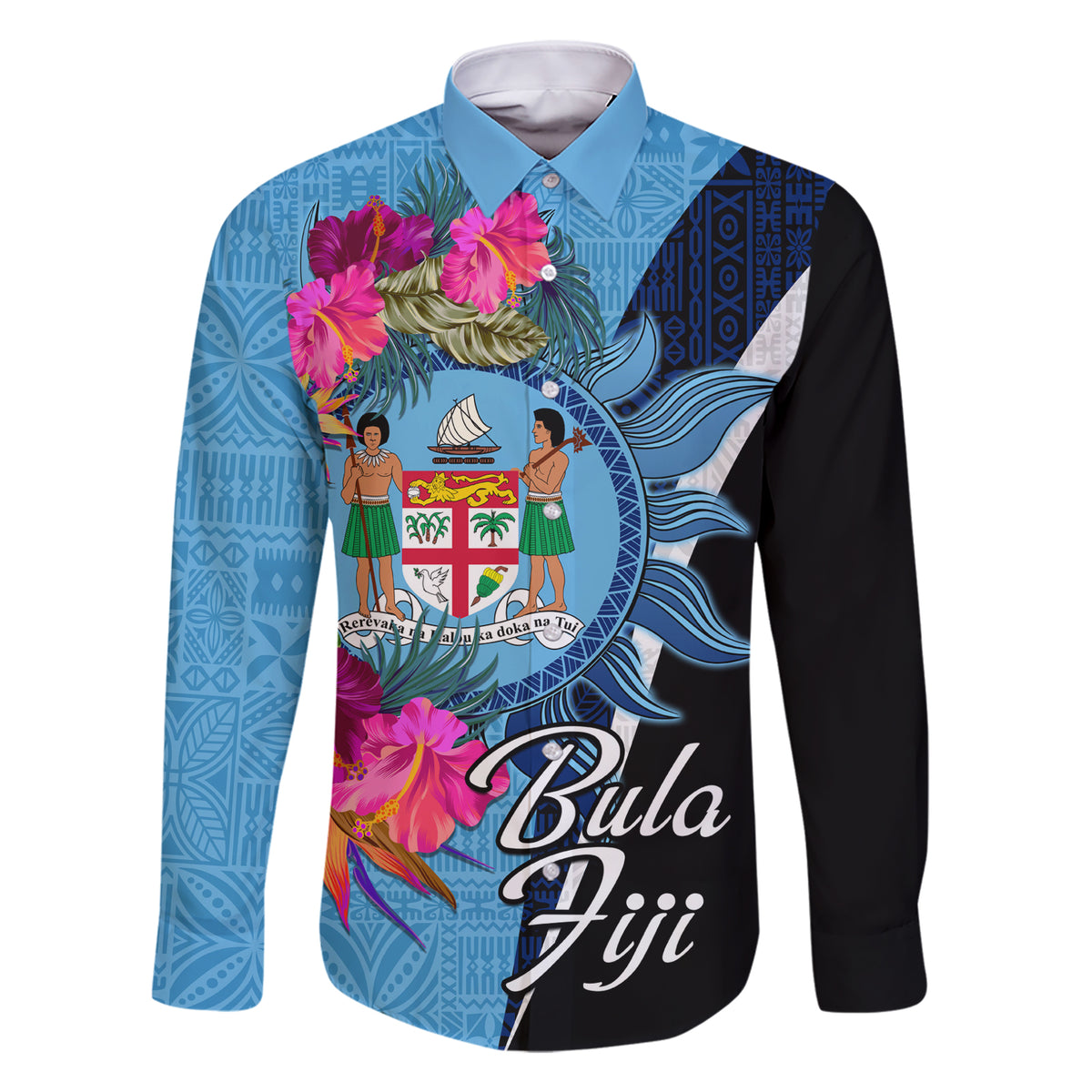Bula Fiji Vintage Fijian Masi Pattern Family Matching Short Sleeve Bodycon Dress and Hawaiian Shirt Blue Unique LT9 Dad's Shirt - Long Sleeve Blue - Polynesian Pride