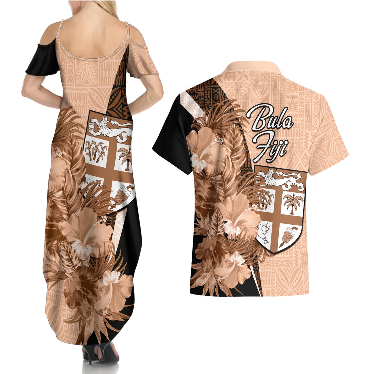 Bula Fiji Vintage Fijian Masi Pattern Couples Matching Summer Maxi Dress and Hawaiian Shirt Peach Fuzz Unique LT9 - Polynesian Pride