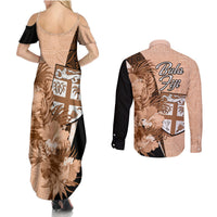 Bula Fiji Vintage Fijian Masi Pattern Couples Matching Summer Maxi Dress and Long Sleeve Button Shirt Peach Fuzz Unique LT9 - Polynesian Pride