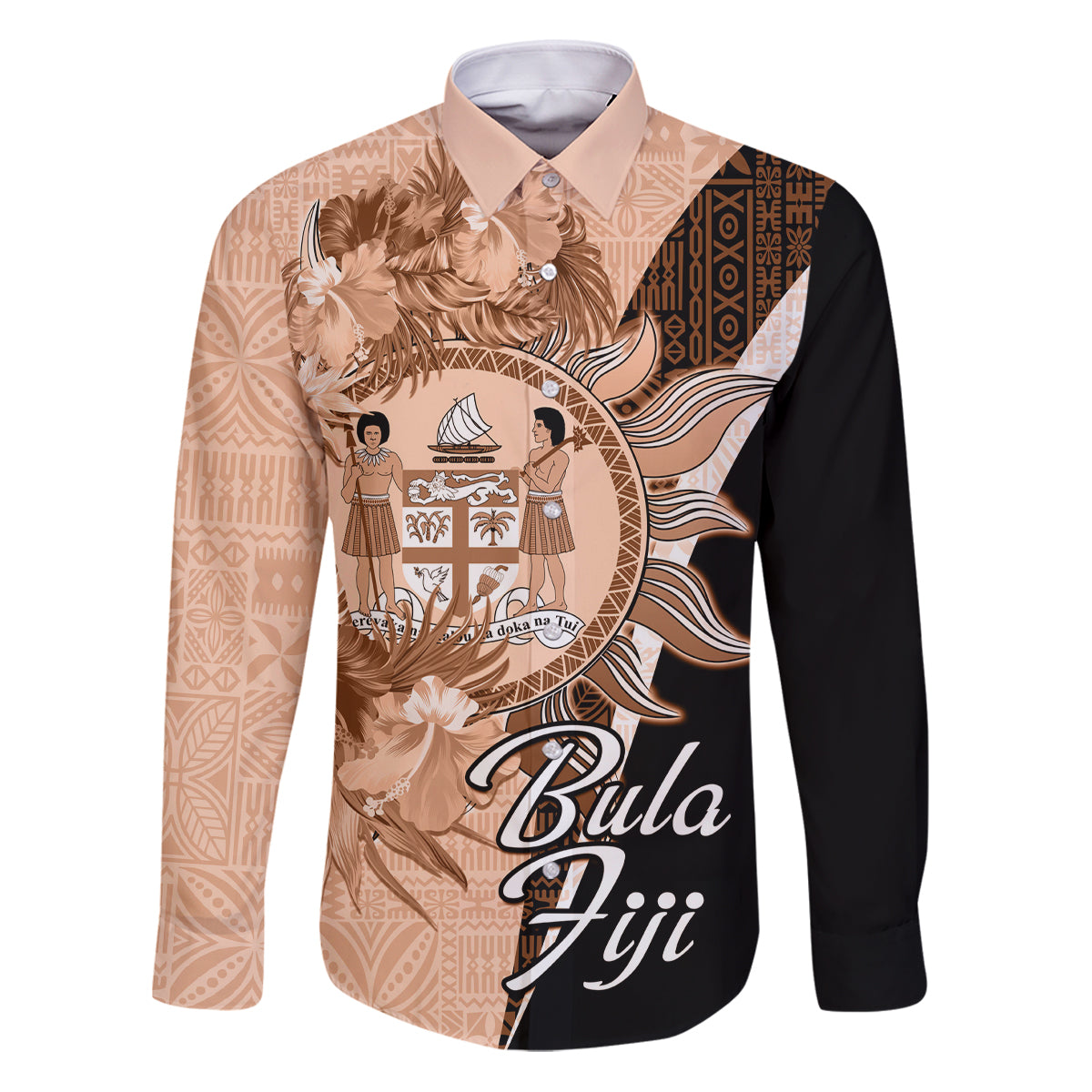 Bula Fiji Vintage Fijian Masi Pattern Family Matching Puletasi Dress and Hawaiian Shirt Peach Fuzz Unique LT9 Dad's Shirt - Long Sleeve Peach Fuzz - Polynesian Pride