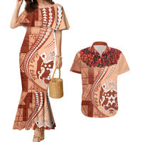 Vintage Tonga Kahoa Heilala Flower Couples Matching Mermaid Dress and Hawaiian Shirt LT9 Peach Fuzz - Polynesian Pride