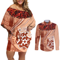 Vintage Tonga Kahoa Heilala Flower Couples Matching Off Shoulder Short Dress and Long Sleeve Button Shirt LT9 Peach Fuzz - Polynesian Pride