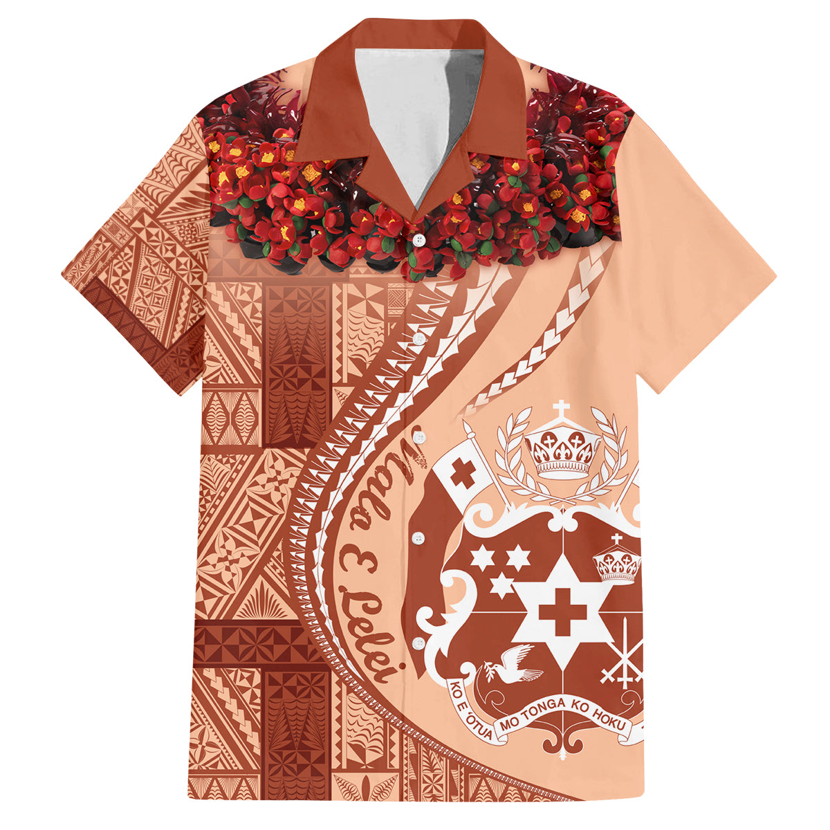 Vintage Tonga Kahoa Heilala Flower Family Matching Off Shoulder Maxi Dress and Hawaiian Shirt LT9 Dad's Shirt - Short Sleeve Peach Fuzz - Polynesian Pride