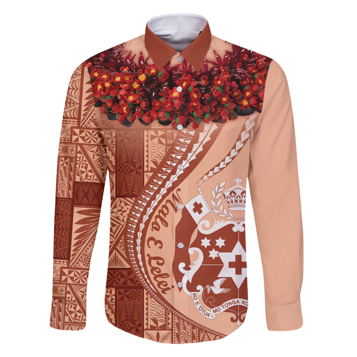 Vintage Tonga Kahoa Heilala Flower Family Matching Off Shoulder Short Dress and Hawaiian Shirt LT9 Dad's Shirt - Long Sleeve Peach Fuzz - Polynesian Pride