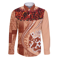 Vintage Tonga Kahoa Heilala Flower Family Matching Off Shoulder Short Dress and Hawaiian Shirt LT9 Dad's Shirt - Long Sleeve Peach Fuzz - Polynesian Pride