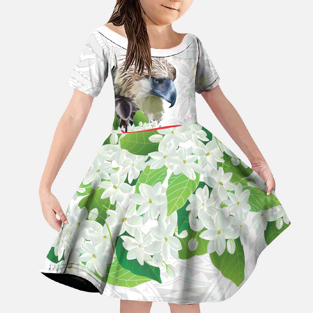 Philippines Eagle and Sampaguita Flowers Family Matching Mermaid Dress and Hawaiian Shirt Polynesian Pattern LT9 Daughter's Dress White - Polynesian Pride