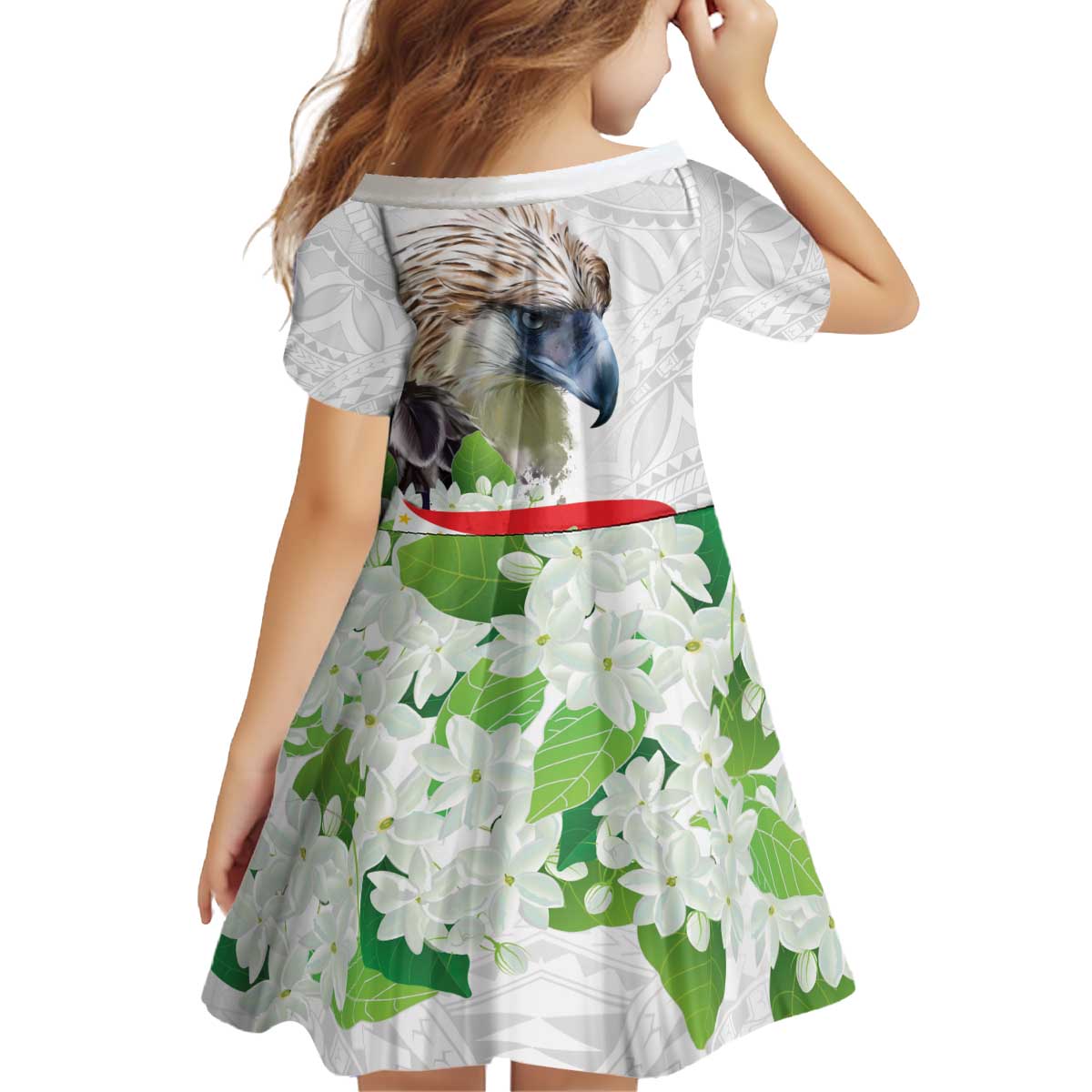 Philippines Eagle and Sampaguita Flowers Kid Short Sleeve Dress Polynesian Pattern