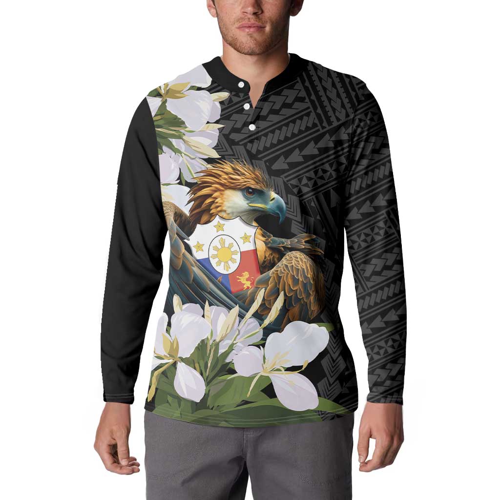 Philippines Eagle with Coat Of Arm Button Sweatshirt Simple Sampaguita Jasmine