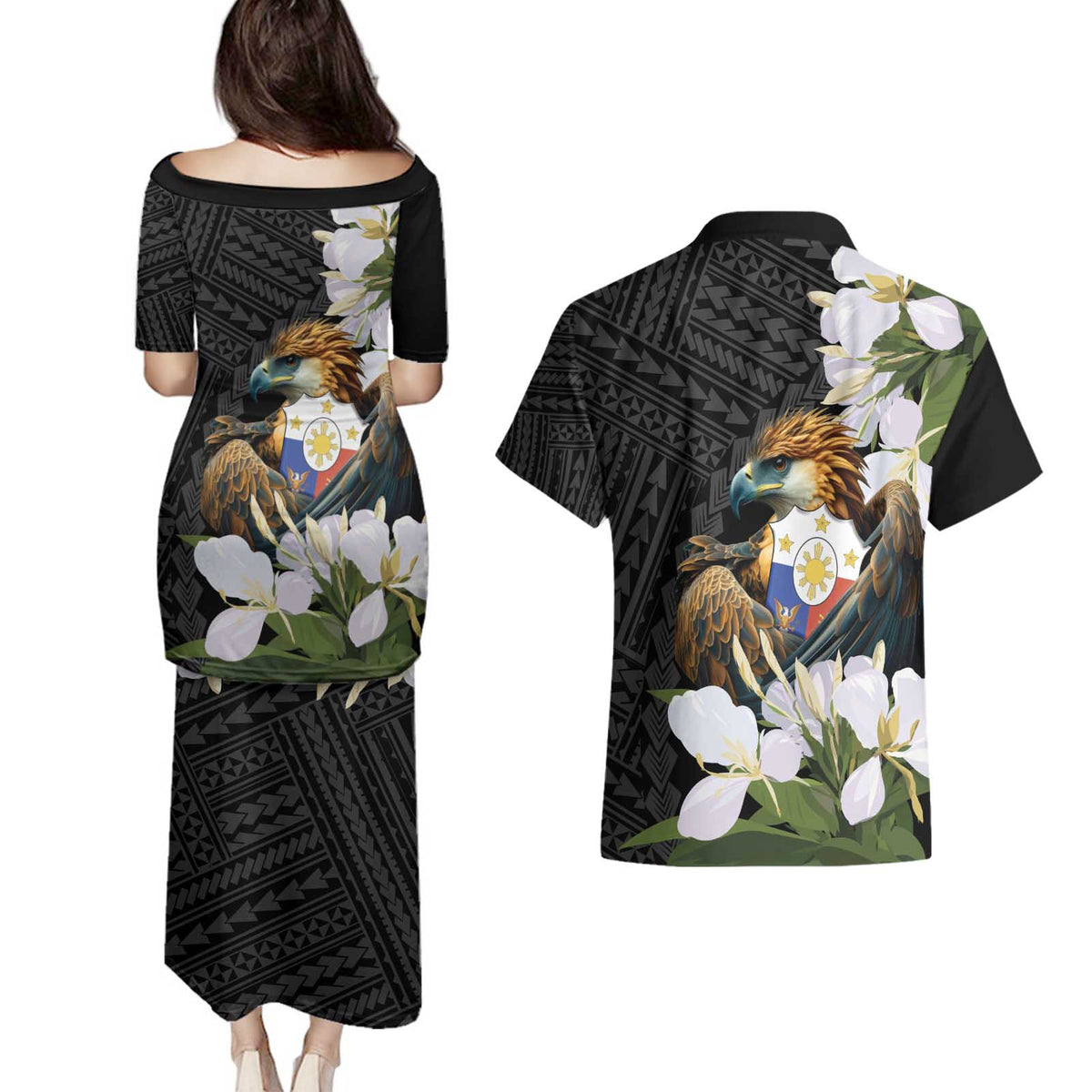 Philippines Eagle with Coat Of Arm Couples Matching Puletasi and Hawaiian Shirt Simple Sampaguita Jasmine