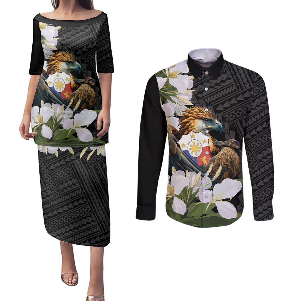 Philippines Eagle with Coat Of Arm Couples Matching Puletasi and Long Sleeve Button Shirt Simple Sampaguita Jasmine