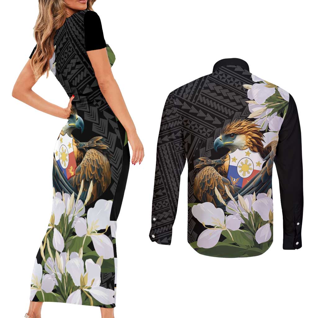 Philippines Eagle with Coat Of Arm Couples Matching Short Sleeve Bodycon Dress and Long Sleeve Button Shirt Simple Sampaguita Jasmine