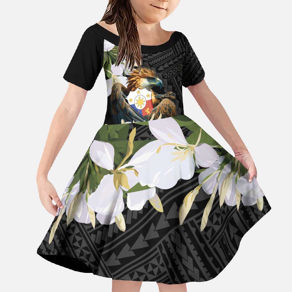 Philippines Eagle with Coat Of Arm Family Matching Mermaid Dress and Hawaiian Shirt Simple Sampaguita Jasmine LT9 Daughter's Dress Black - Polynesian Pride