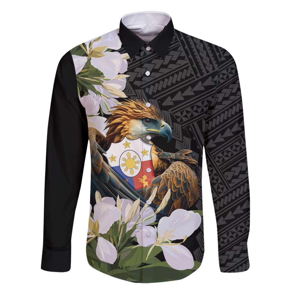 Philippines Eagle with Coat Of Arm Family Matching Mermaid Dress and Hawaiian Shirt Simple Sampaguita Jasmine LT9 Dad's Shirt - Long Sleeve Black - Polynesian Pride