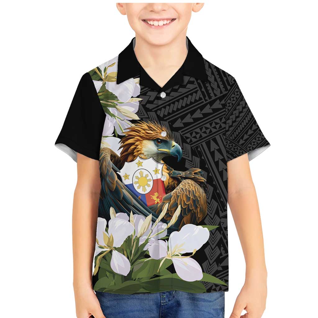 Philippines Eagle with Coat Of Arm Family Matching Mermaid Dress and Hawaiian Shirt Simple Sampaguita Jasmine LT9 Son's Shirt Black - Polynesian Pride