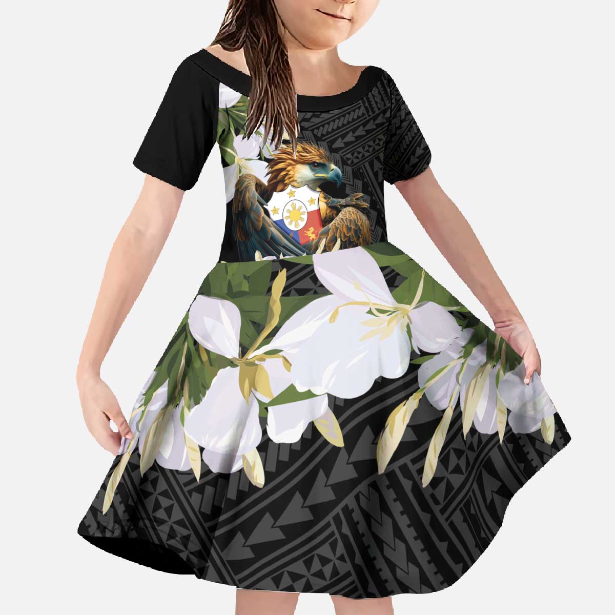 Philippines Eagle with Coat Of Arm Family Matching Off The Shoulder Long Sleeve Dress and Hawaiian Shirt Simple Sampaguita Jasmine LT9 Daughter's Dress Black - Polynesian Pride