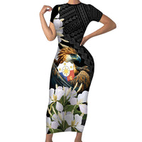 Philippines Eagle with Coat Of Arm Family Matching Short Sleeve Bodycon Dress and Hawaiian Shirt Simple Sampaguita Jasmine LT9 Mom's Dress Black - Polynesian Pride