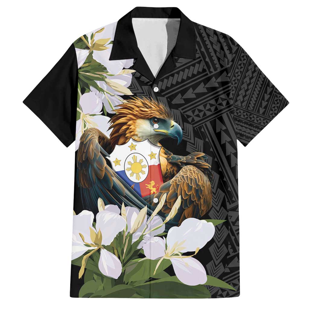 Philippines Eagle with Coat Of Arm Family Matching Tank Maxi Dress and Hawaiian Shirt Simple Sampaguita Jasmine LT9 Dad's Shirt - Short Sleeve Black - Polynesian Pride