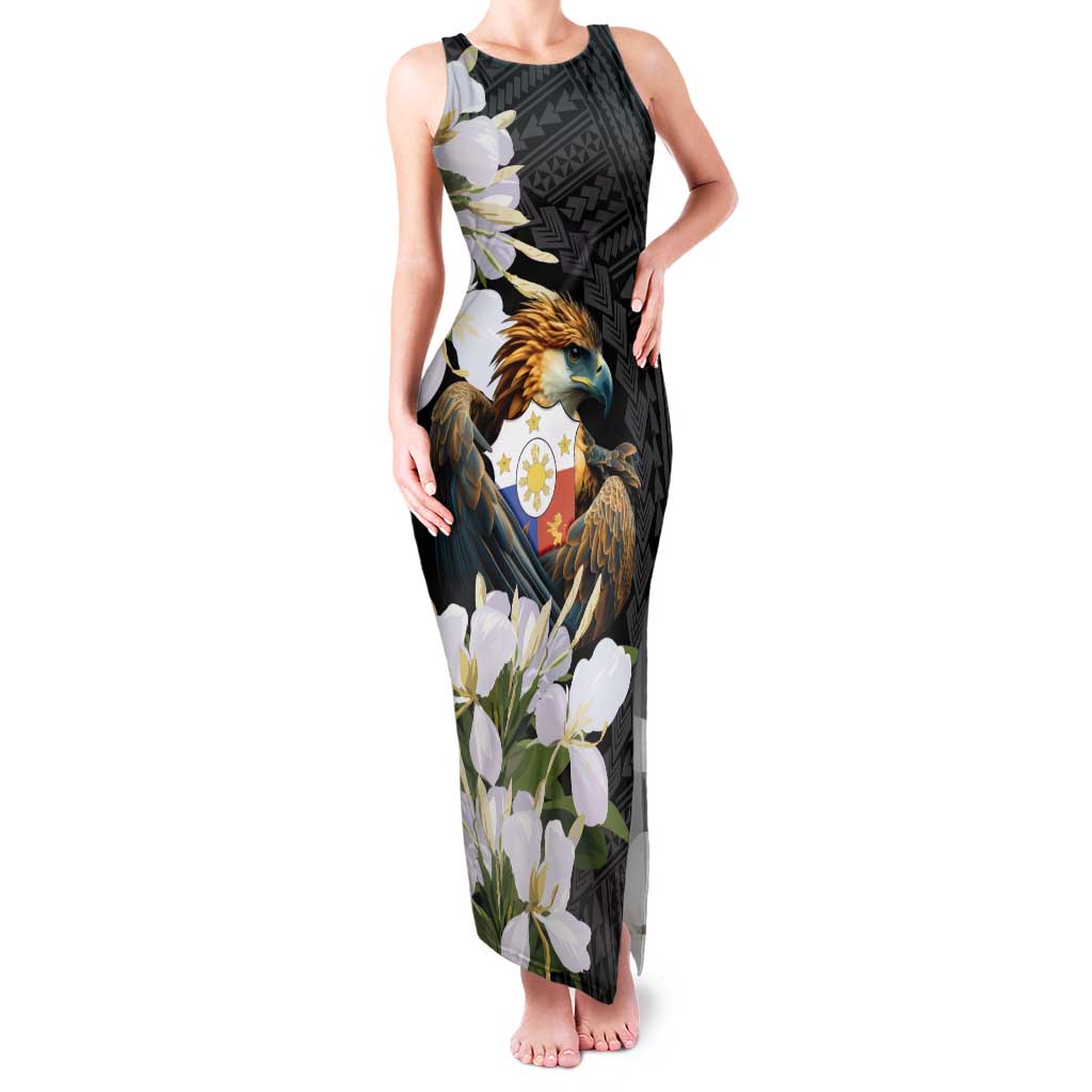 Philippines Eagle with Coat Of Arm Family Matching Tank Maxi Dress and Hawaiian Shirt Simple Sampaguita Jasmine LT9 Mom's Dress Black - Polynesian Pride