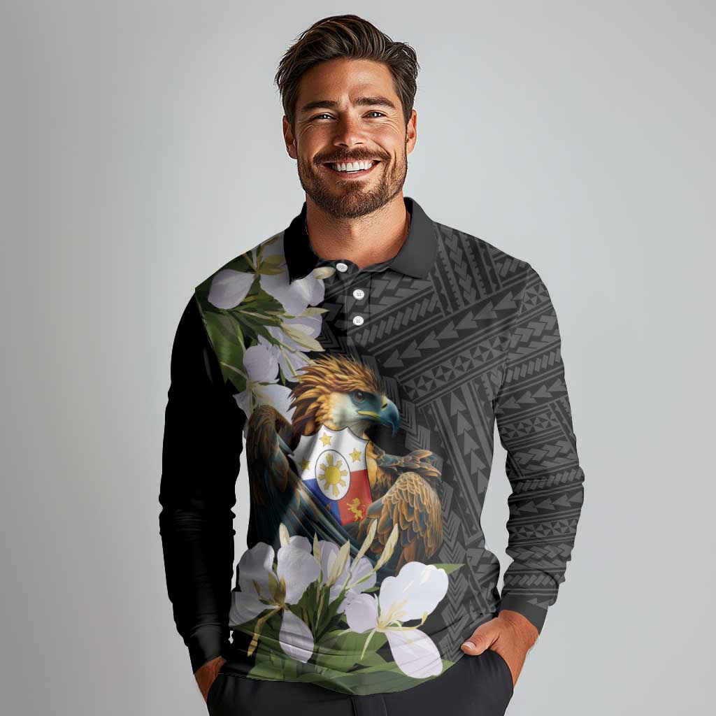 Philippines Eagle with Coat Of Arm Long Sleeve Polo Shirt Simple Sampaguita Jasmine