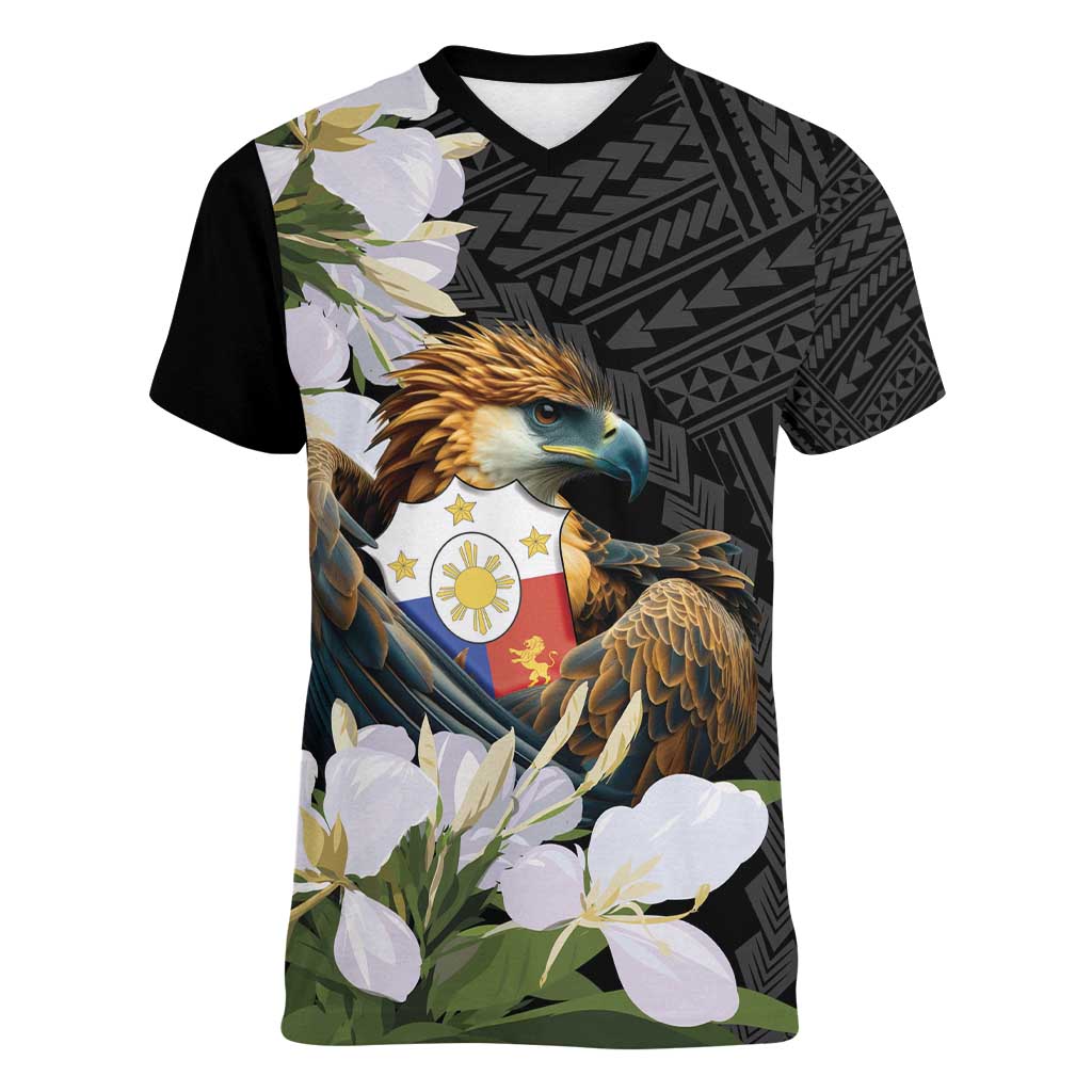 Philippines Eagle with Coat Of Arm Women V-Neck T-Shirt Simple Sampaguita Jasmine