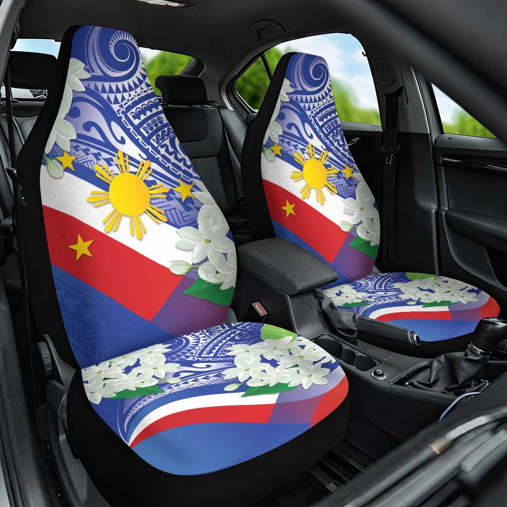 Philippines Flag Car Seat Cover Sampaguita Jasmine with Polynesian Tribal LT9 One Size Blue - Polynesian Pride