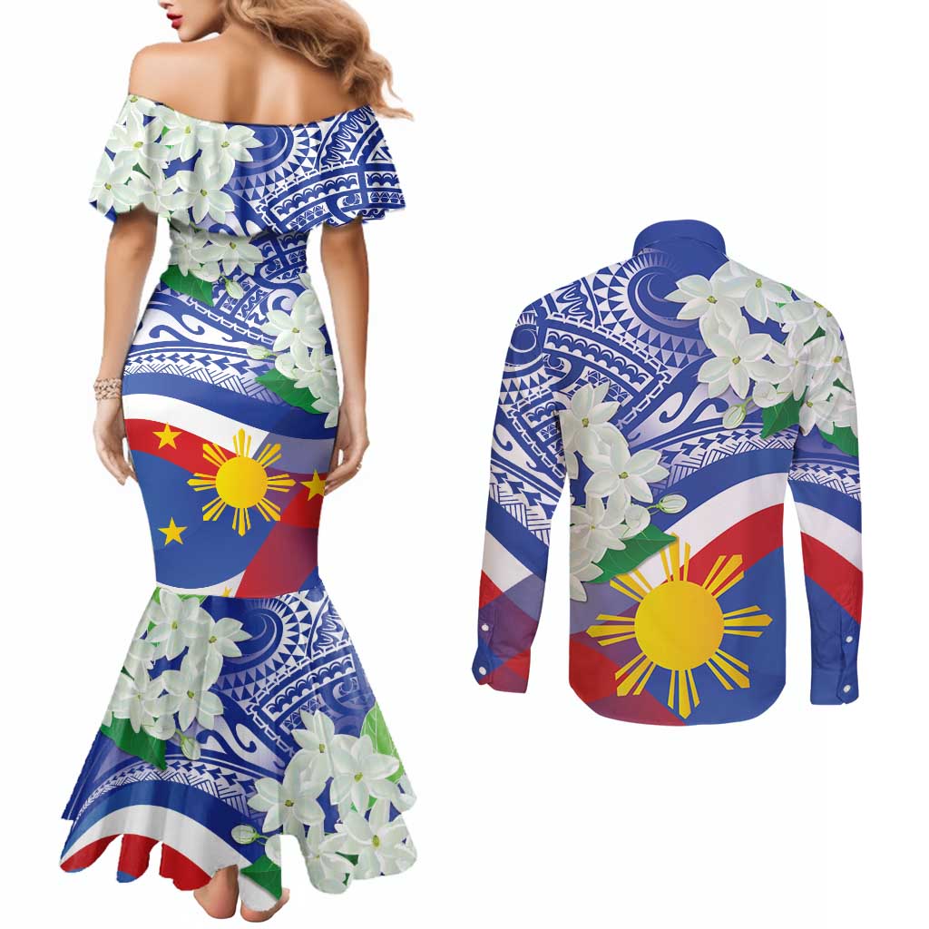 Philippines Flag Couples Matching Mermaid Dress and Long Sleeve Button Shirt Sampaguita Jasmine with Polynesian Tribal