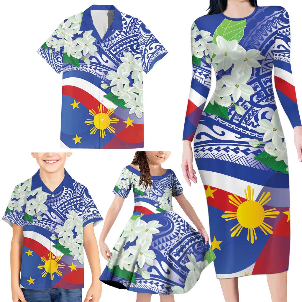 Philippines Flag Family Matching Long Sleeve Bodycon Dress and Hawaiian Shirt Sampaguita Jasmine with Polynesian Tribal LT9 - Polynesian Pride