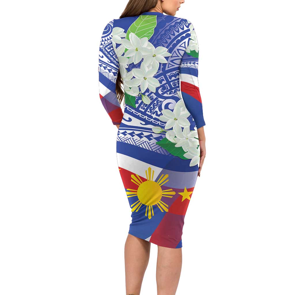 Philippines Flag Family Matching Long Sleeve Bodycon Dress and Hawaiian Shirt Sampaguita Jasmine with Polynesian Tribal LT9 - Polynesian Pride