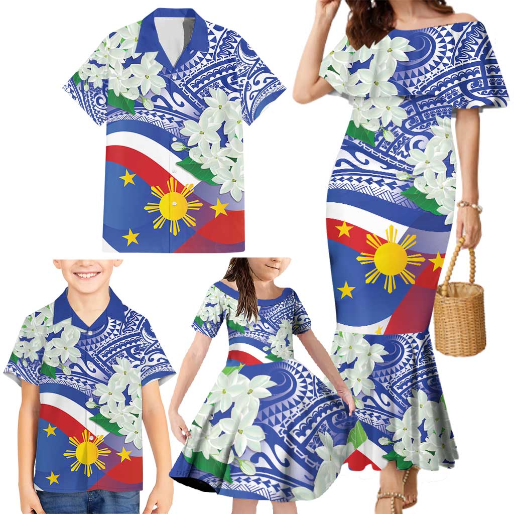 Philippines Flag Family Matching Mermaid Dress and Hawaiian Shirt Sampaguita Jasmine with Polynesian Tribal LT9 - Polynesian Pride