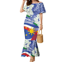 Philippines Flag Family Matching Mermaid Dress and Hawaiian Shirt Sampaguita Jasmine with Polynesian Tribal LT9 Mom's Dress Blue - Polynesian Pride