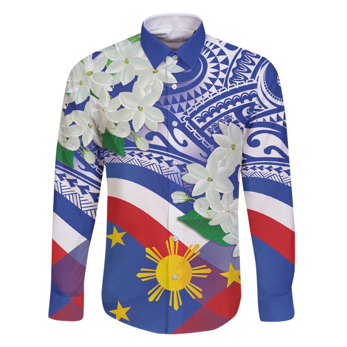 Philippines Flag Family Matching Off The Shoulder Long Sleeve Dress and Hawaiian Shirt Sampaguita Jasmine with Polynesian Tribal LT9 Dad's Shirt - Long Sleeve Blue - Polynesian Pride