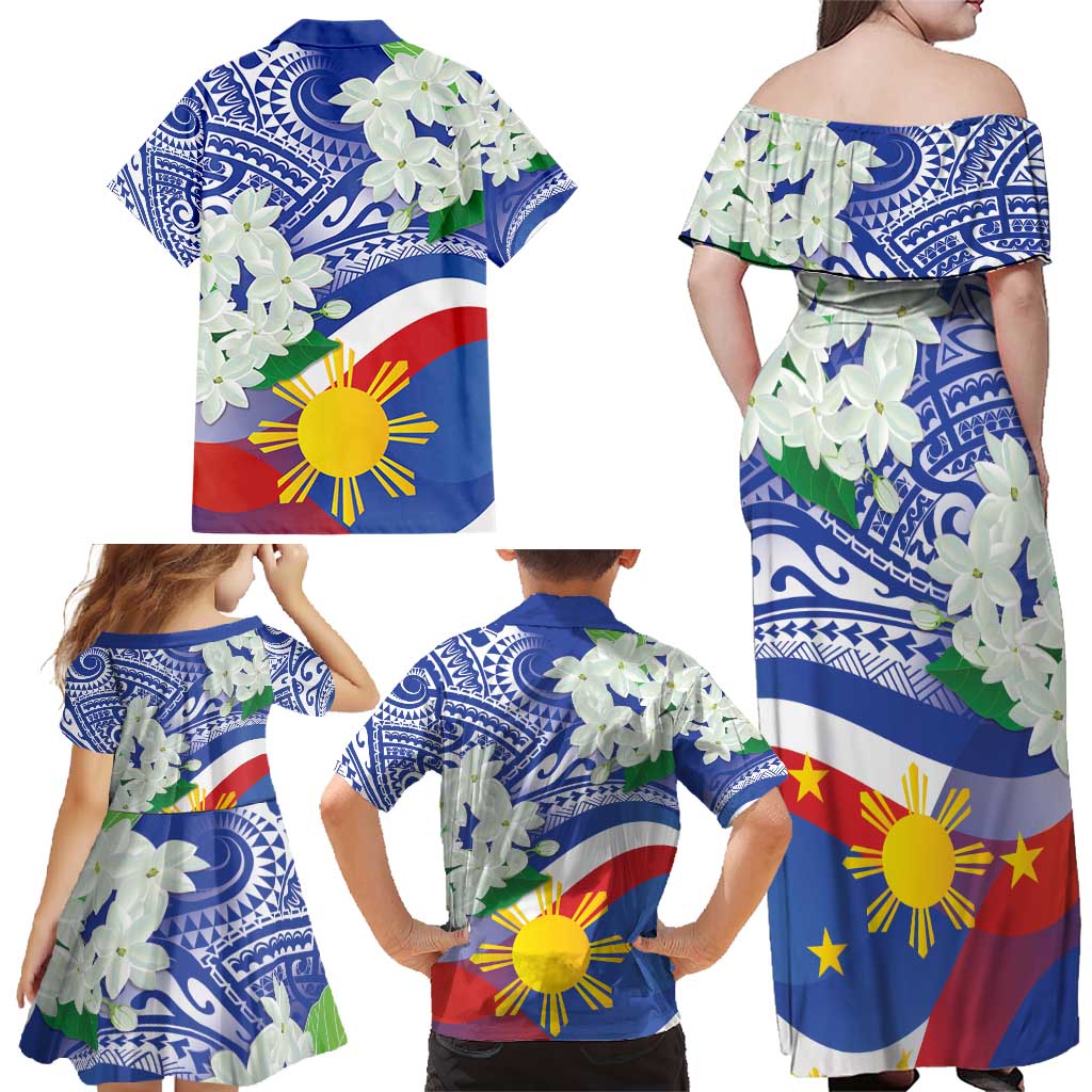 Philippines Flag Family Matching Off Shoulder Maxi Dress and Hawaiian Shirt Sampaguita Jasmine with Polynesian Tribal LT9 - Polynesian Pride