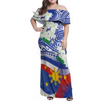Philippines Flag Family Matching Off Shoulder Maxi Dress and Hawaiian Shirt Sampaguita Jasmine with Polynesian Tribal LT9 Mom's Dress Blue - Polynesian Pride