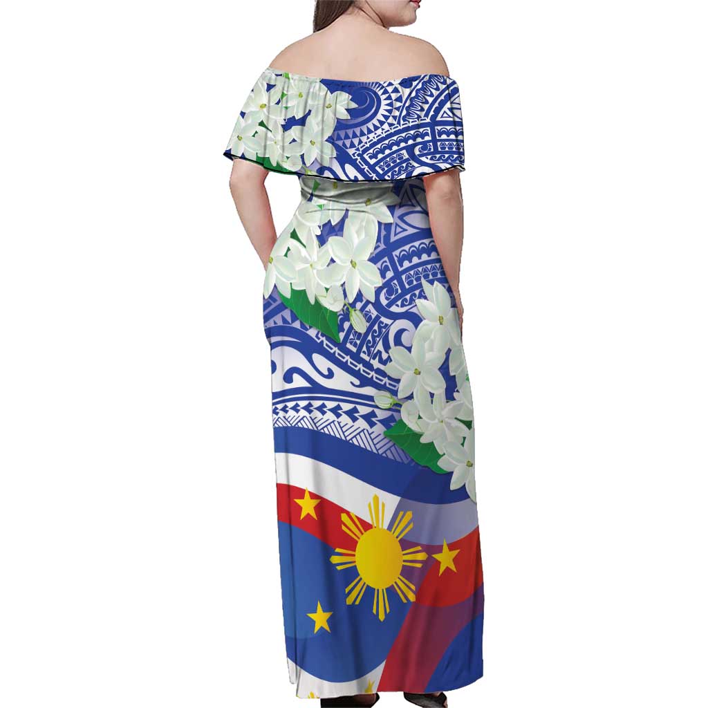 Philippines Flag Family Matching Off Shoulder Maxi Dress and Hawaiian Shirt Sampaguita Jasmine with Polynesian Tribal LT9 - Polynesian Pride